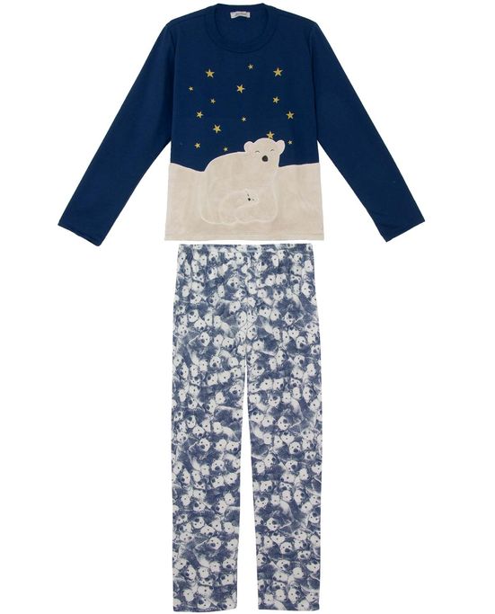 Pijama-Feminino-Lua-Cheia-Longo-Urso-Polar-Peluciado