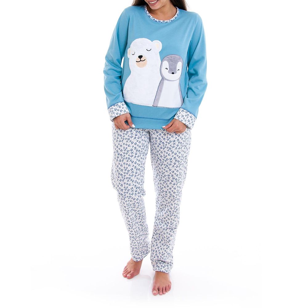 Pijama-Feminino-Lua-Cheia-Longo-Flanelado-Urso-Pinguim