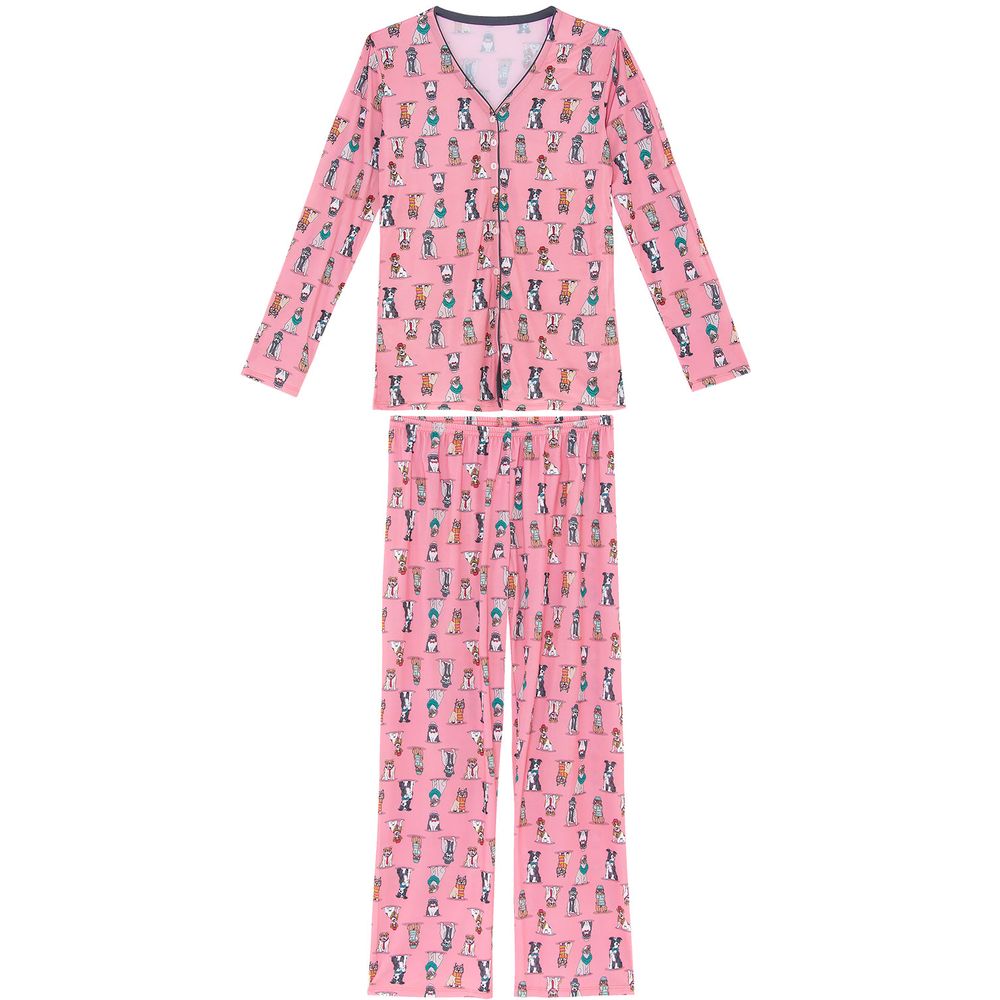 Pijama-Feminino-Recco-Longo-Aberto-Microfibra-Dogs