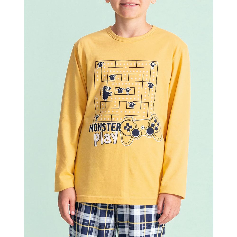 Pijama-Infantil-Masculino-Lua-Encantada-Xadrez-Pac-Man